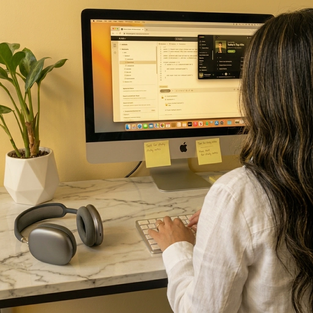 A woman working at a computer in a home office